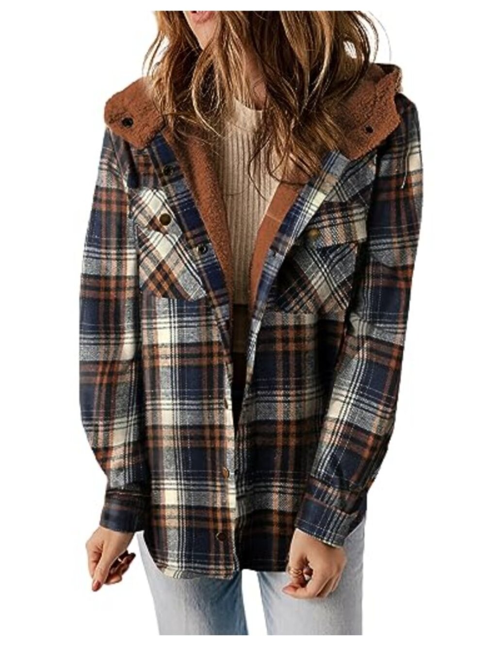 Plaid Shacket Fleece Lined Hooded Button Down Jacket Warm Coat